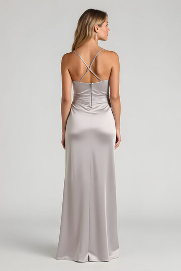 Silver Sheath Satin Maxi Bridesmaid Dress With Slit